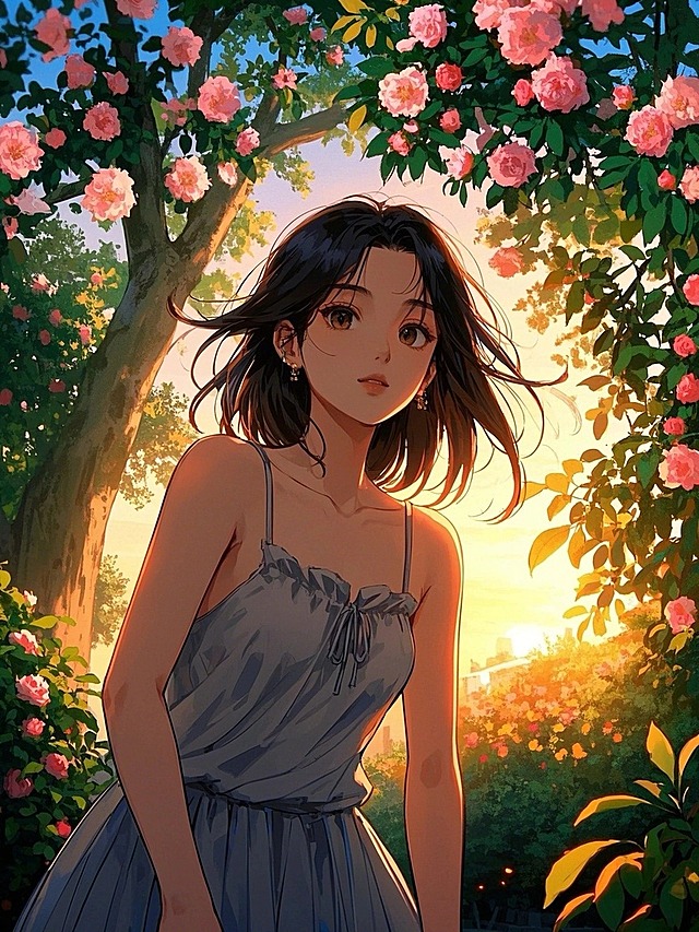 在一个花园庭院中，背光拍摄，女孩在庭院的树下，她的身影与夕阳的温暖色调融为一体，春夏氛围