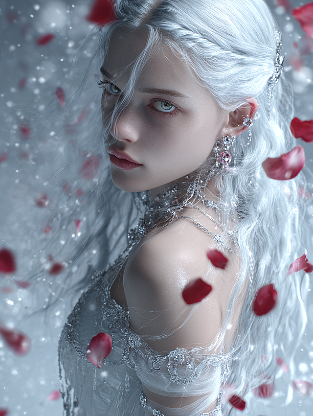 Fantasy Illustration Style (Non-Realistic): Japanese-inspired fantasy, cool-toned gothic, haute couture fashion.
Mysterious, icy elegance, romantic, ethereal, noble. A soft silver-white and icy blue gradient background, suffused with hazy mist and drifting crimson rose petals, creates a surreal atmosphere reminiscent of an icy wonderland or dreamlike garden.
A maiden with silvery-white tresses and heterochromatic eyes (left: blue-green; right: reddish-brown) adorns herself with opulent crystal drop earrings and layered chain necklaces. Clad in an ethereal, sheer off-the-shoulder gown, her ensemble radiates a chillingly enigmatic yet fantastical allure.
Her face is turned slightly towards the camera, head tilted, shoulders exposed, her posture elegant yet slightly aloof, as if frozen in a moment of standing still in the wind or being enveloped by petals.
Her gaze is deep and evocative, lips a pale red and slightly parted, conveying an emotion woven from cool detachment, solitary pride, and a hint of hidden tenderness.
The close-up composition centres on her face and upper body, accentuating the fluidity of her hair, the movement of petals, and intricate jewellery details, while a blurred background heightens the visual impact of the subject.
High-precision digital fantasy illustration style, featuring exquisitely detailed figures with commercial-grade wallpaper quality and artistic expression.
Primary palette of silver-white, ice-blue, pearl-grey and dark crimson, accented with crystalline diamond white and blood-red. Strong light-dark contrasts with natural transitions create a dramatic, dreamlike atmosphere.
Ultra-high resolution with meticulous detail rendering, ideal for mobile wallpapers, cover art, or premium visual projects.
Backlighting combined with diffused soft lighting accentuates translucent hair highlights, delicate skin textures, and jewel reflections. Petal edges feature halos, amplifying sacred and ethereal ambience.
Precise reproduction of fabric's semi-translucent folds, jewellery's faceted structure, hair's layered texture, and iris details within pupils. Ensures harmonious figure proportions, logical lighting behaviour, and authentically refined material textures.

Translated with DeepL.com (free version)