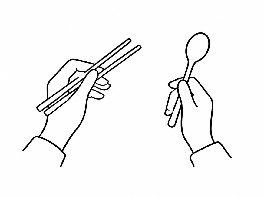 简笔画，一双手，一只手拿着筷子，另一只手拿着勺子，线条随意简洁，只有黑色线条，白色背景，风格简约随性预览效果