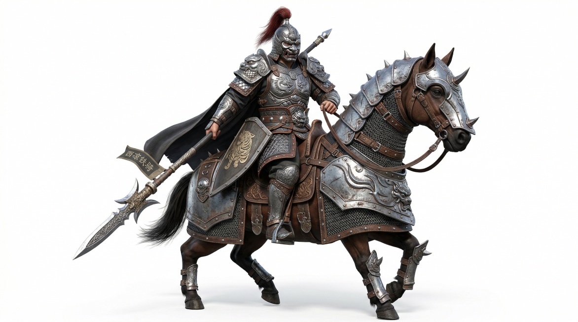 高精细度游戏兵种CG建模，西凉铁骑的3D建模，士兵身披银色重甲，骑在战马上，纯白色背景，高质量高精度，细节丰富预览效果