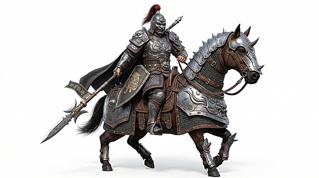 高精细度游戏兵种CG建模，西凉铁骑的3D建模，士兵身披银色重甲，骑在战马上，纯白色背景，高质量高精度，细节丰富