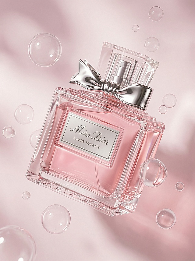 产品悬在空中，往左倾斜的四分之三角度，保持参考图的颜色和尺寸不变，周围漂浮泡泡，光泽反射强烈，柔和光影，现代高端洗护产品广告风格，细节丰富，背景为淡粉色光影