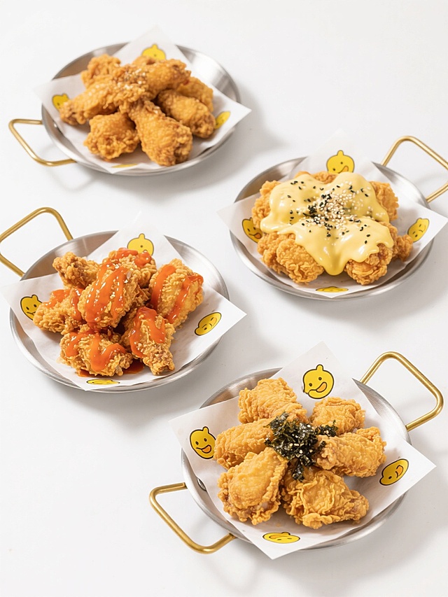 高清美食摄影，四盘不同款式、不同样式、不同配色的炸鸡，白色背景，排列整齐。炸鸡呈现出金黄酥脆的外皮质感，部分炸鸡表面淋有不同颜色的酱汁（如橙红色的韩式辣酱、奶黄色的芝士酱），撒有芝麻、海苔碎等点缀物，炸鸡块大小均匀饱满，肉质鲜嫩多汁。每盘炸鸡搭配有不同的装饰，如印有黄色卡通图案的白色油纸衬底，金属托盘带有金色把手，整体画面色彩鲜明，光影柔和，突出食物的诱人光泽和层次感，营造出美味、精致的视觉效果。
