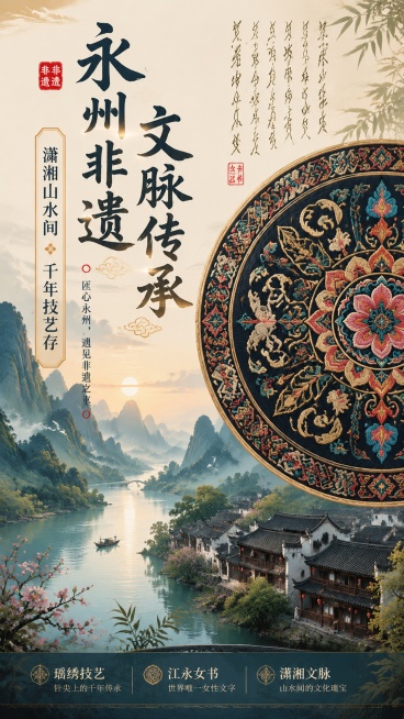 清雅新中式国风唯美画风，9:16竖版永州非遗宣传海报。光影柔和通透，画面层次清晰，主次分明。背景融入永州特色潇湘层叠山水、蜿蜒湘江流水与古朴青瓦古村落，意境悠远。画面核心主视觉采用精致瑶绣图腾纹样，搭预览效果