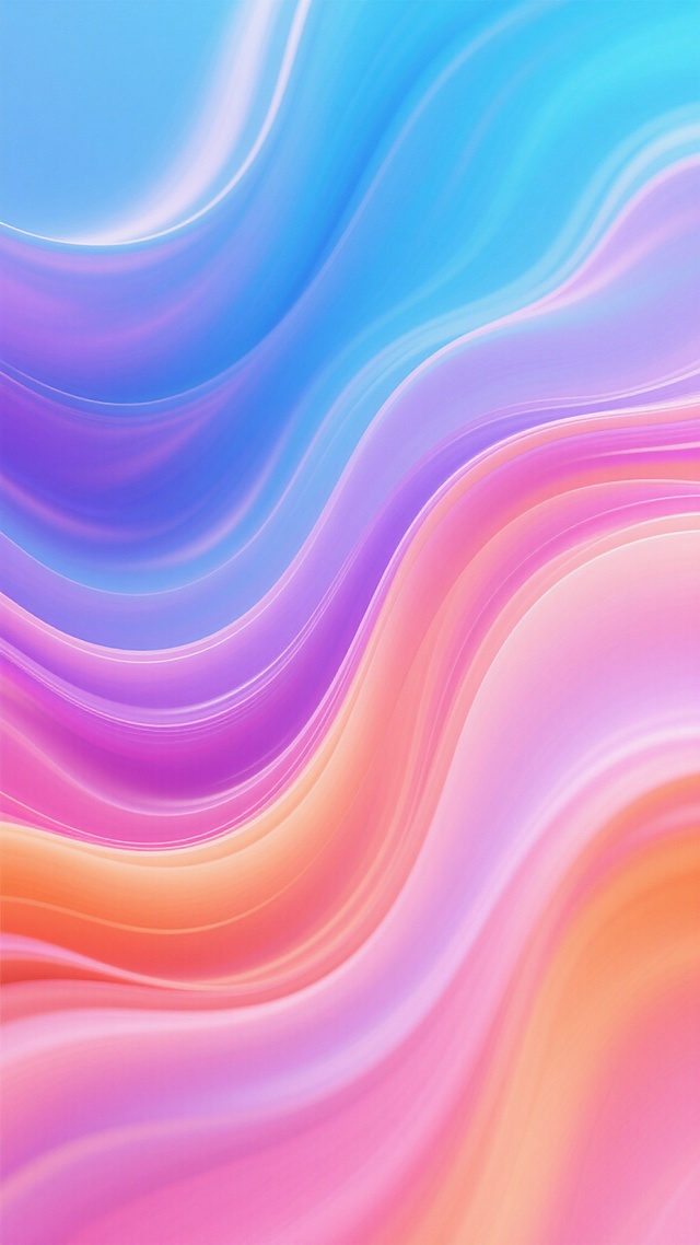 色彩丰富的流体渐变背景，以蓝色、紫色、粉色和橙色为主色调，色彩之间自然融合过渡，形成柔和的波浪状纹理，整体呈现出梦幻、流动的视觉效果，色彩饱满明亮，光影柔和，具有强烈的视觉冲击力和艺术美感。