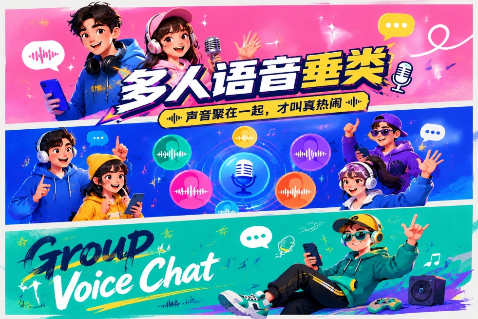 保留原图内容，包含三个分区排版，文案保持不变：主标题"多人语音垂类"、副标题"声音聚在一起，才叫真热闹"，底部"Group Voice Chat"。调整画布尺寸为横版17:10.5比例，不改变原有设计预览效果