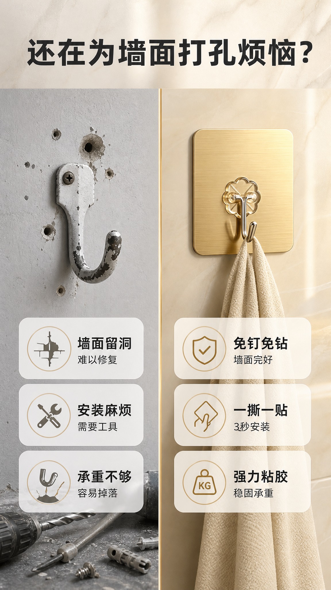 [商品] 使用【图2】拉丝金款免打孔粘钩；保留方形拉丝金底座、… - 图片创意预览
