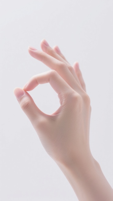 一只女性的手，以优雅的姿态呈现：食指与拇指轻轻相触，形成一个微妙的圆形空间，其余手指自然舒展微微弯曲，手掌朝向左上方，手腕自然放松。手部肌肤细腻光滑，呈现健康的淡粉色，指甲修剪整齐干净，透出自然光泽。高写实风格，光线从左上方柔和照射，在手部右侧及指尖下方形成自然的浅淡阴影，增强立体感与真实质感。纯白色背景，极简构图，画面简洁干净，突出手部的形态美与细节，整体氛围宁静、优雅、专注，具有产品展示级……预览效果