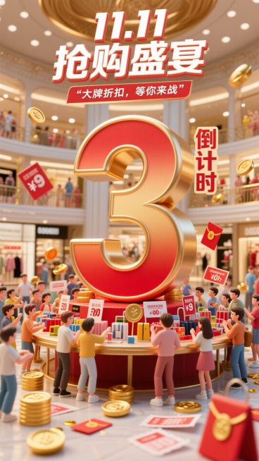 巨大的数字“3”在画面中间，红金渐变，带有闪亮效果。旁边是简单的“倒计时”。背景为豪华的购物厅，桌子上摆满了各种特卖商品和折扣标签。男生女生在前面抢购，旁边有金币、红包和优惠券。主标题"11.11抢购预览效果