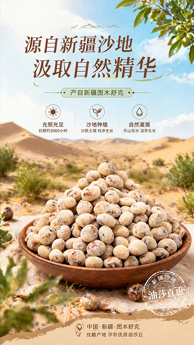 油莎豆电商详情页产地优势介绍页，文案：源自新疆沙地，汲取自然精华，产自新疆图木舒克。结合油莎豆产品特写图，背景搭配新疆沙地风光，突出产地天然优势，9:16竖版，自然清新食品设计风格，使用提供的油莎豆素材
