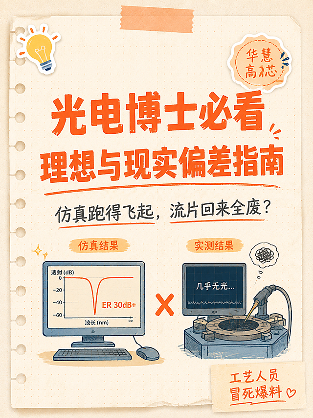 保持完全相同的视觉风格：活页笔记本纸背景、米色纸张带橙色细点网格、左侧打孔、顶部橙色胶带装饰、手绘马克笔质感、便签贴纸徽章元素。将内容改为封面主题。主标题改为大号橙色粗体马克笔字：「光电博士必看」，下方第二行橙色粗体：「理想与现实偏差指南」。副标题用深灰色手写体：「仿真跑得飞起，流片回来全废？」。左上角保留💡灯泡贴纸。右上角放一个波浪边徽章贴纸，写着「华慧高芯」。中间偏下位置画一个手绘风格的对比示意图：左边是电脑屏幕显示完美的仿真透射谱（标着ER 30dB+），右边是探针台测试连光都出不来的沮丧场景，中间一个大叉号。右下角贴一个便签纸写着「工艺人员冒死爆料」。整体版式精美，小红书笔记封面质感，全部简体中文，文字清晰可读，信息层级分明，四周留安全边距。