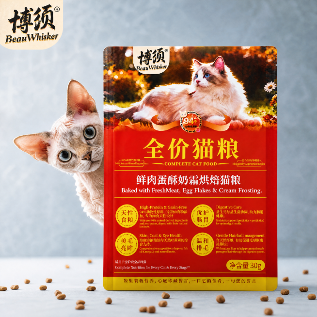 [主图-8] 德文卷毛猫好奇探头：一只无毛感卷毛德文猫从猫粮袋后探出头，大眼睛圆睁，表情俏皮，毛发短而卷曲呈波浪状。包装袋正面朝向镜头，清晰展示卖点。背景为浅灰蓝布景+散落猫粮颗粒，干净现代。[光影]预览效果