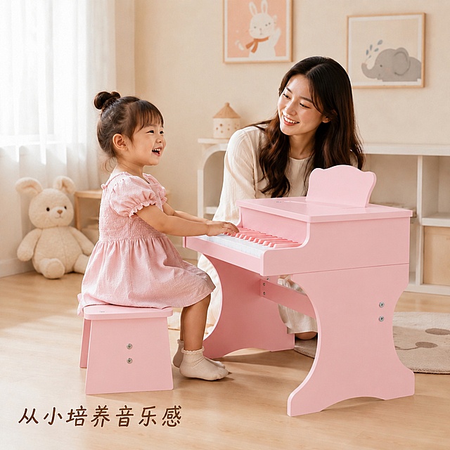 保留原图的温馨室内场景、妈妈、小女孩、毛绒玩具、装饰画、地板、窗帘等所有其他元素，只把原来的棕色儿童钢琴替换为粉色儿童钢琴，粉色儿童钢琴的外观、颜色、琴键样式、结构和第二张参考图完全一致，小女孩手仍放在琴键上，保持原来的位置和姿势，整体光影、色调、风格和原图保持一致，融合自然没有违和感，文字保留左下角'从小培养音乐感'不变。商业摄影质感，光线柔和通透，产品清晰真实，画面干净自然，保持原有尺寸比例，粉色钢琴和场景光影融合自然。