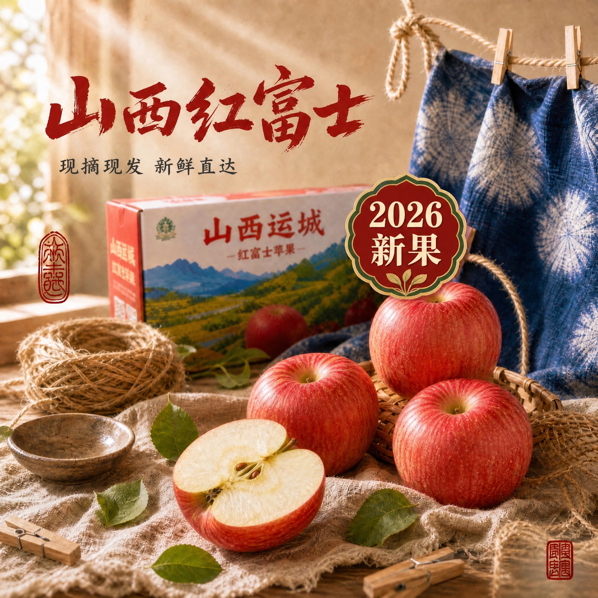 严格保持原图构图、光影、苹果、包装箱、竹篮、布料及所有原有中文… - 图片创意预览