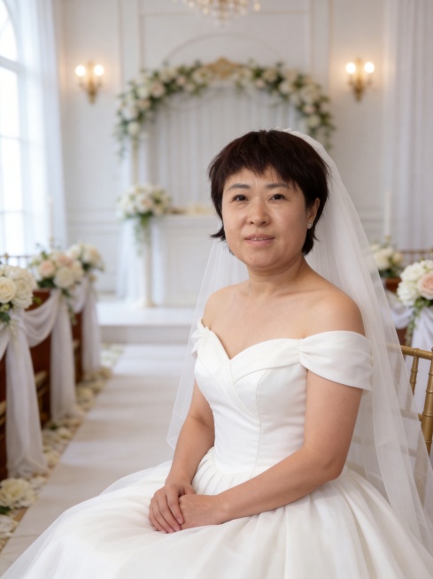 保留原图人物的脸型、五官、年龄特征，修改为白色婚纱造型的婚纱照，优雅浪漫的婚纱照风格，白色婚纱搭配简约婚礼场景，整体氛围温馨浪漫，画质高清细腻预览效果