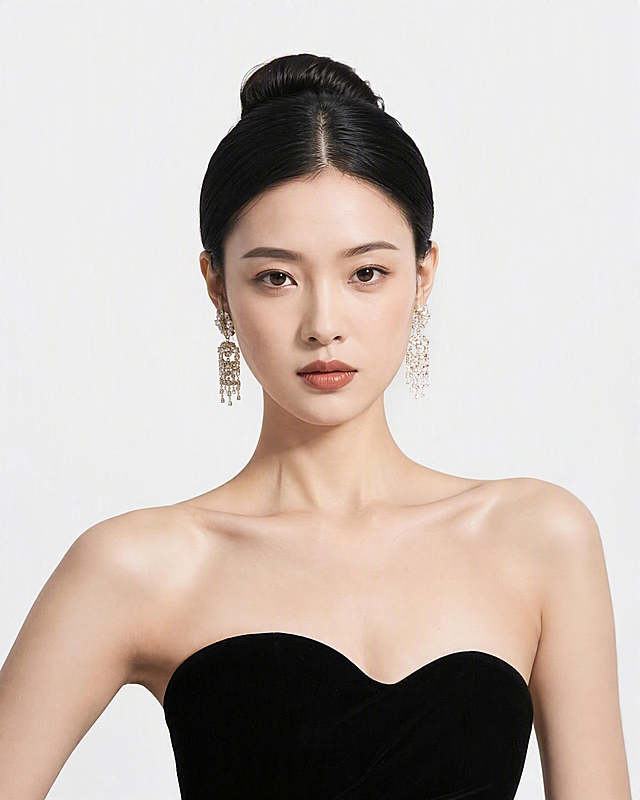 参考图中同一位东亚女性正面脸部特写，黑色盘发，佩戴精致水晶耳坠，身穿黑色丝绒抹胸礼服露出肩颈。正面直视镜头，眼神坚定有神，表情优雅从容，肩颈线条舒展，锁骨清晰，皮肤质感细腻。舞蹈中微微抬头的姿态，充满力量与柔美。纯白色背景，无任何背景元素，高级肖像摄影，正面柔和打光，电影级画质