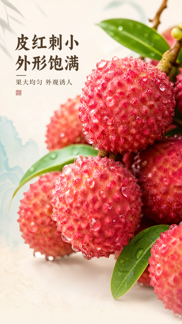 [第3屏] 桂味荔枝外观细节特写展示屏。
[氛围/风格] 高端新中式国风，自然清新氛围感，商业摄影微距质感，突出果实新鲜度。
[元素布局] 本屏使用【图1】的荔枝果实进行特写放大，聚焦几颗桂味荔枝的表预览效果