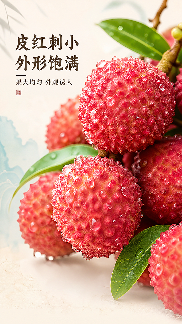 [第3屏] 桂味荔枝外观细节特写展示屏。
[氛围/风格] 高端新中式国风，自然清新氛围感，商业摄影微距质感，突出果实新鲜度。
[元素布局] 本屏使用【图1】的荔枝果实进行特写放大，聚焦几颗桂味荔枝的表皮纹理，红色果皮上的凸起颗粒清晰可见，表面保留晶莹水珠，荔枝占据画面60%-70%，背景虚化浅米色，文字放在画面左上区域，底部留白1厘米。
[光影质感] 侧上方柔光打亮，突出果皮纹理质感，水珠产生高光，明暗层次清晰。
[配色色系] 全局底色：#F7F3E9（浅米宣纸色）；主体配色：荔枝红色#E63946、叶片绿色#4DAA57；辅助色：浅青#A8DADC、文字深棕#2B2B2B。
[视角构图] 微距特写视角，荔枝主体位于画面中心偏上，左上文字，底部留白，景深效果突出主体。
[文字版式] 左上主标题「皮红刺小 外形饱满」，小字副标题「果大均匀 外观诱人」，沿用全套字体规范：温润书法标题+宋体正文，字色仅深棕深灰，纯色填充，字号层级分明，不遮挡荔枝主体。底部留白1厘米。
[比例分辨率] 9:16竖版比例，4K分辨率，文字清晰可辨，超高清。
[负向提示词] 荔枝变形，纹理模糊，果实开裂，颜色偏差，文字错乱，背景杂乱。