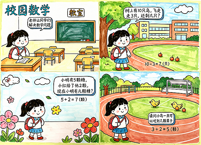 插画风校园数学场景，卡通感十足，水彩与描边结合，清新舒适，展现儿童学习乐趣。