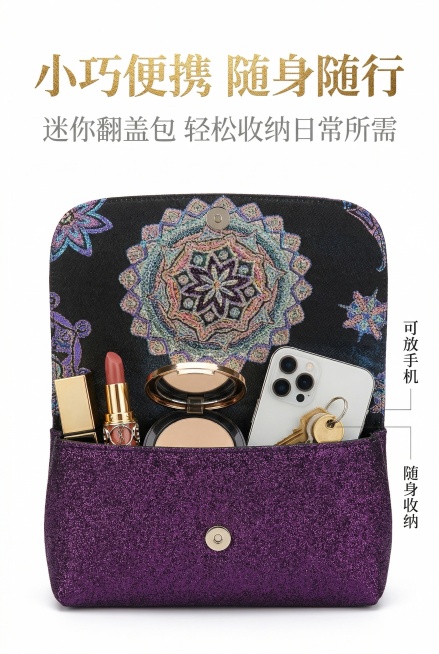 严格还原产品外观设计，新中式轻奢杂志风，8K超清，商业影棚柔光打光，无阴影，纯白色背景，产品精修无瑕疵，极致锐利细节分明。产品全开状态置于画面中心，包内放置口红、粉饼、手机、钥匙日常物品直观展示容量，预览效果
