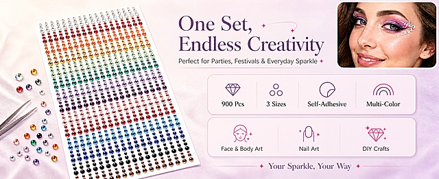 [商品] 使用【图1】【图3】自粘水钻贴纸；保留整版矩阵、彩虹多色、多面切割、自粘背胶特征；不改变颜色和结构。
[画面] 规格收尾页（左物右卡型）：左侧整版水钻贴纸与散放水钻、镊子道具平铺陈列，右侧上下堆叠浅粉紫圆角信息卡——上卡参数表（900 Pcs / 3 Sizes / Self-Adhesive / Multi-Color），下卡用途图标（Face & Body Art、Nail Art、DIY Crafts）；右上角小窗为欧美成年女性（深棕长发）眼尾贴水钻的微笑妆容；产品占画面约60%，背景暖白至浅粉紫渐变丝绒质感。
[视觉] 套系策略：风格=跨境梦幻美妆商业摄影；标题字=优雅现代衬线体；正文字=简洁无衬线体；主色=柔雾粉紫；背景延展=暖白至浅粉紫渐变、细腻丝绒与微光质感；强调色=亮粉，仅用于小面积图标、引线和标签；标题色=深紫灰；正文色=中暖灰；组件=圆角信息卡、细线引线、星点标签；光影=柔和影棚光、水钻高光。
[文字] 标题"One Set, Endless Creativity"、副标题"Perfect for Parties, Festivals & Everyday Sparkle"；参数"900 Pcs / 3 Sizes / Self-Adhesive / Multi-Color"；用途"Face & Body Art"、"Nail Art"、"DIY Crafts"；结尾句"Your Sparkle, Your Way"，全部横向排版，不遮挡产品。
[规格] 61:25横版，4K，避免变形、错字、竖排文字、亚洲面孔、水钻排列混乱、颜色偏差、水印。