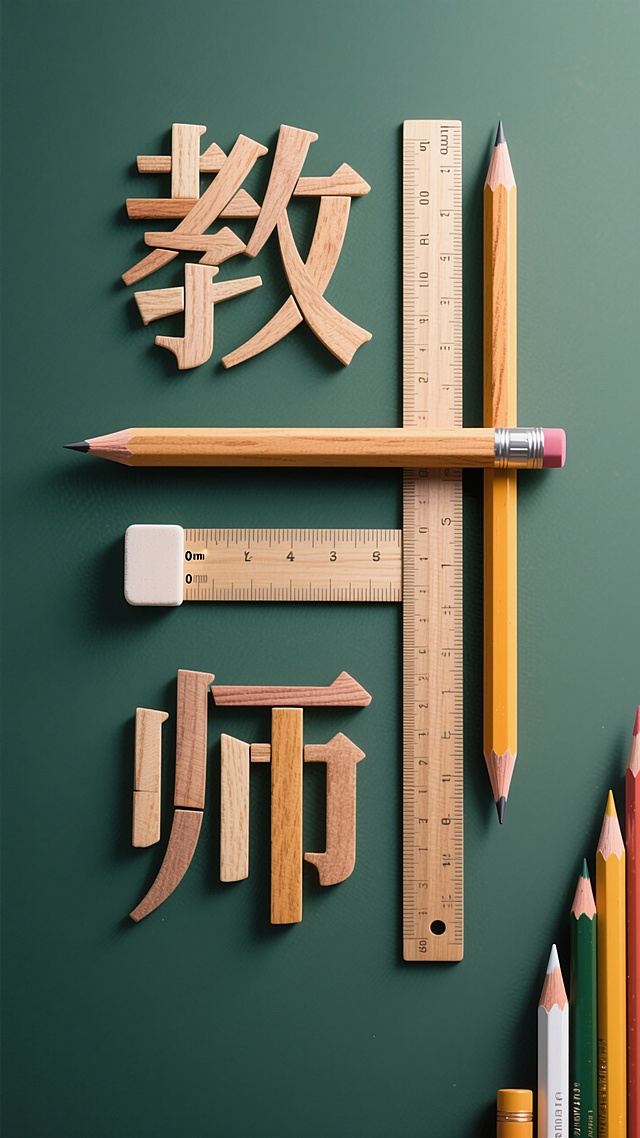 "教师"文字，二个字的笔画由不同的文具拼接而成，放在一块简单的墨绿色背景上。
