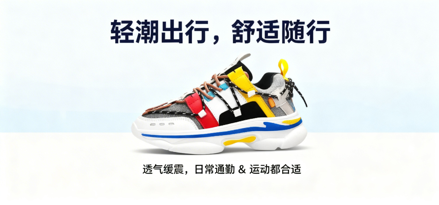 设计一幅横幅电商鞋子宣传海报，展示图中的拼色老爹鞋，主标题文字"轻潮出行，舒适随行"，副标题文字"透气缓震，日常通勤 & 运动都合适"，时尚潮流风格，简约清新背景，突出产品，整体设计具有运动感，适合电预览效果