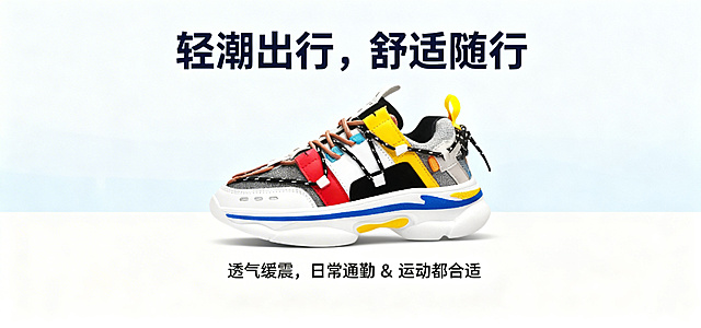 设计一幅横幅电商鞋子宣传海报，展示图中的拼色老爹鞋，主标题文字"轻潮出行，舒适随行"，副标题文字"透气缓震，日常通勤 & 运动都合适"，时尚潮流风格，简约清新背景，突出产品，整体设计具有运动感，适合电商推广