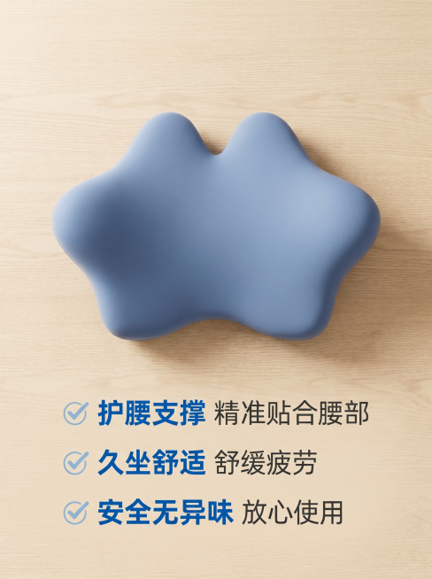 [主图-5] 核心卖点总结图。[氛围风格] 家居治愈风，简约干净总结展示。[画质] 商业摄影质感、光线柔和通透、产品清晰真实、画面干净高级。[元素] 雾霾蓝色海星腰靠放置在画面中心偏上位置，背景为浅原预览效果