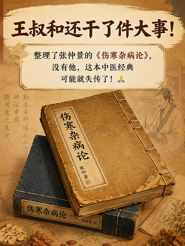 国风插画风格，王叔和医学贡献配图，标题文字"王叔和还干了件大事！"，正文文字整理了张仲景的《伤寒杂病论》，没有他，这本中医经典可能就失传了！🙏，画面画出两本叠放的古医书，古朴暖棕配色，检查文字无错别字，适合小红书中医科普配图