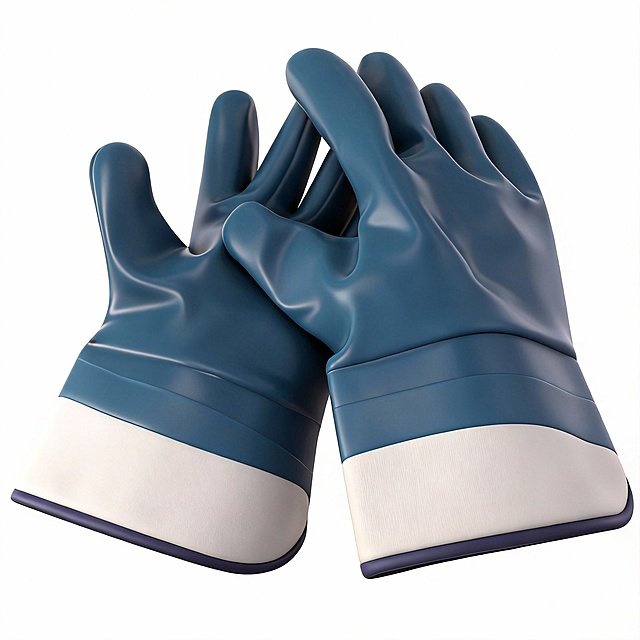 对工作手套进行专业产品摄影修饰。均匀地消除刺眼、不规则的光线，消除镜面高光，使其呈现出柔和的哑光效果。软化指关节和手掌周围的深层折痕，但保持自然折叠。增强材料质感，清洁任何斑点，在纯白色背景上呈现出如新但真实的工作手套。超现实，8K 细节