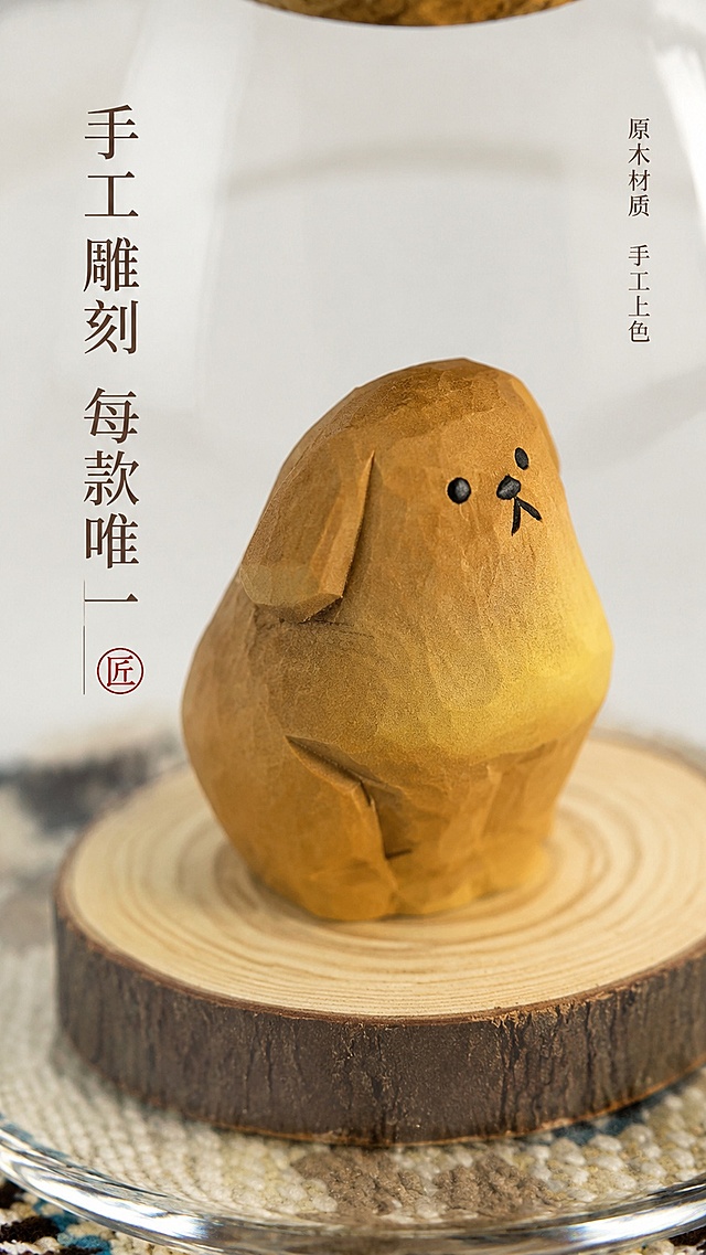 [第3屏] 细节工艺页-紫今拾忆手工木雕纹理特写展示。本屏使用【图4】作为商品主体，聚焦木雕小狗局部纹理。
[氛围/风格] 匠人工艺质感，近距离微距拍摄，突出手工雕刻肌理，真实材质呈现。
[元素布局] 画面主体为木雕小狗头部和身体部位特写，占画面约75%，保留手工雕刻的刀痕肌理、上色渐变层次，玻璃罩边缘虚化突出木雕，产品结构颜色与输入图一致。
[光影质感] 柔光灯打亮木雕表面，突出木质纹理凹凸感，明暗对比清晰呈现手工质感。
[配色色系] 全局底色 #F5F0E6，主色原木棕黄渐变，辅助色透明玻璃浅灰，软木棕色。
[视角构图] 微距特写视角，焦点对准木雕肌理，背景虚化突出细节。
[文字版式] 左侧竖排主标题「手工雕刻 每款唯一」，右侧小字卖点「原木材质 手工上色」，文字排版不遮挡核心细节。
[比例分辨率] 9:16竖版比例，4K分辨率，文字清晰可辨，高清画质。
[负向提示词] 纹理模糊，颜色失真，结构变形，水印，文字错乱