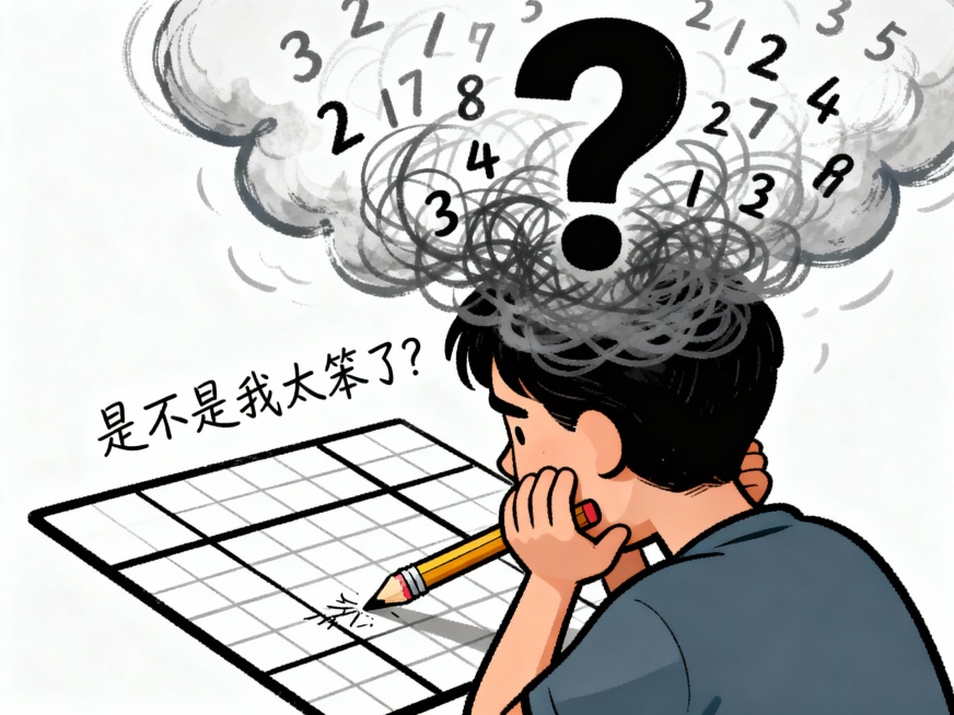 画面：​ 卡通风格。一个人物（可以只画背影或侧脸）双手托腮，眉头紧锁，盯着一张几乎全空的数独盘面。  细节：​ 他/她的头上飘着一团混乱的云雾，里面是杂乱的数字和巨大的问号。手中铅笔的橡皮擦部分被磨得预览效果
