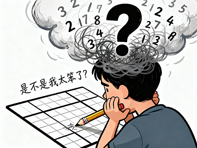画面：​ 卡通风格。一个人物（可以只画背影或侧脸）双手托腮，眉头紧锁，盯着一张几乎全空的数独盘面。  细节：​ 他/她的头上飘着一团混乱的云雾，里面是杂乱的数字和巨大的问号。手中铅笔的橡皮擦部分被磨得只剩一点，暗示反复修改和挫败。  旁边配一句手写体文字：​ “是不是我太笨了？”