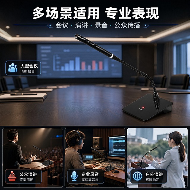 [商品] 使用【图1】黑色电容式鹅颈桌面麦克风HA-124WA；保留产品完整结构、颜色和材质；产品放置在会议桌/演讲台等真实场景中，咪头朝向正确，符合真实使用状态；增强产品与场景的融合度，添加自然接触阴影。
[画面] 第5张·场景与人群适配，目标展示多场景适用与真实使用体验。场景拼图+人群卡片结合版式：上半部分展示大型会议室场景，麦克风放置在会议桌上，背景虚化会议室环境；下半部分3张小场景卡片：公众传播/演讲、录音室、户外演讲；产品占画面约45%，场景占55%；前景会议桌与麦克风，中景会议室环境，远景虚化；营造专业商务氛围。
[视觉] 套系策略：风格=京东数码专业商务科技风；标题字=现代无衬线粗黑体；正文字=简洁无衬线中黑体；主色=深炭黑+深空灰；背景延展=基于深炭黑做深浅渐变、同色层级和细腻磨砂金属质感；强调色=科技蓝+红色（仅用于电源指示、图标高亮和小面积标签）；标题色=纯白色；正文色=浅灰蓝；组件=细线圆角信息卡、发光引线、科技感标签；光影=真实场景自然光+产品侧光，融合自然，阴影真实。
[文字] 顶部主标题"多场景适用 专业表现"，副标题"会议·演讲·录音·公众传播"；主场景旁标注"大型会议 清晰拾音"；下方3张小场景卡分别标注："公众演讲 传播清晰"、"专业录音 高保真音质"、"户外演讲 抗噪稳定"；所有文字横排，场景说明简洁明了。
[规格] 图片比例1:1方版，4K，负向提示：避免变形、错字、文字过小、产品颜色改变、场景不真实、无动作摆拍、京东logo/水印、极限词。