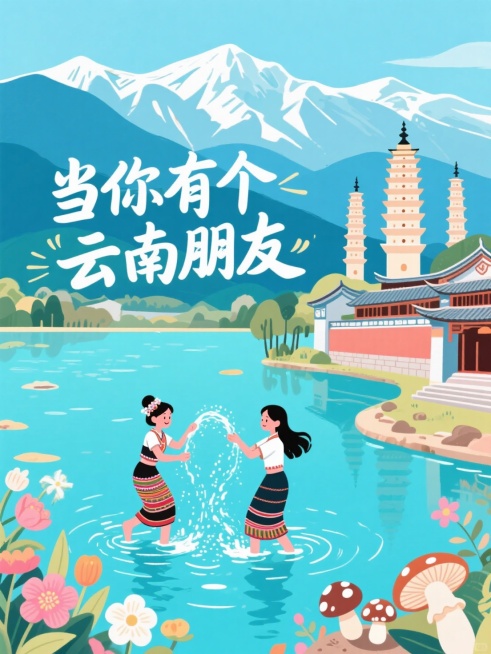 扁平插画风格，远处有雪山，近处湖，湖里有两个傣族少女在泼水嬉戏，湖边右侧有大理古城的建筑和三座塔，左侧可以点缀云南鲜花，菌菇等等， 丰富的画面细节，用潮流的花体字设计大标题“当你有个云南朋友”预览效果