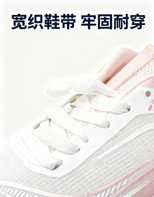 [商品详情图 6] 鞋带系统展示
[氛围风格] 细节特写风
[画面元素] 商业摄影质感，光线柔和均匀，细节清晰。特写展示运动鞋宽扁鞋带和鞋孔设计，保留原有材质纹理和系带方式，背景纯色干净，突出鞋带系统预览效果