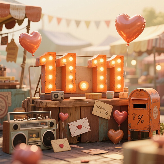 复古风市集摊位，霓虹灯数字“11.11”点亮喜庆氛围，木质纹理与金属收音机交织温馨浪漫，心形气球与信封点缀甜蜜趣味，3D重拟物风格营造双十一节日梦幻感。