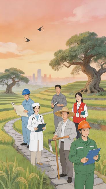 Chinese national style illustration, group portrait of workers from all walks of life, warm orange-p预览效果