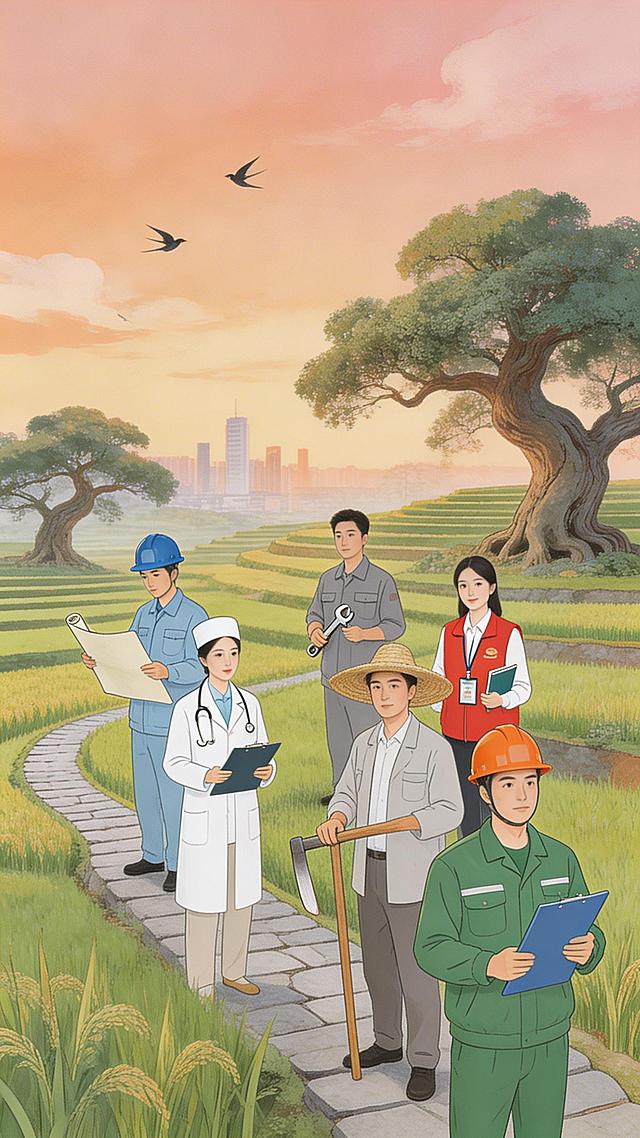 Chinese national style illustration, group portrait of workers from all walks of life, warm orange-pink dusk sky, terraced fields, ancient trees, stone path, city skyline in the distance, soft clouds, flying birds, all characters have similar height and head-body ratio, no obvious height difference, the worker in green uniform with orange helmet holding a folder at the bottom right remains in the same position and posture, other workers (medical staff, agricultural worker, engineer, grassroots service worker, etc.) are rearranged around him in a balanced and unobstructed layout, bright and warm color palette, delicate line art, soft watercolor texture, clean and transparent light, peaceful and hopeful atmosphere, high definition