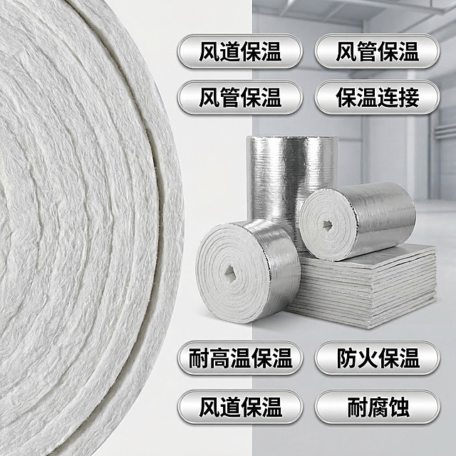 防火包裹核心卖点解析主图，展示产品不同角度细节，左侧特写展示产品高密度加厚保温材质纹理，右侧标注核心卖点：风道保温 风管保温 保温连接 耐高温保温 防火保温 耐腐蚀，工业简洁风格，银白主色调，每个卖点用胶囊标签展示，排版清晰不遮挡产品，突出材质优势，符合淘宝主图规范，1:1比例