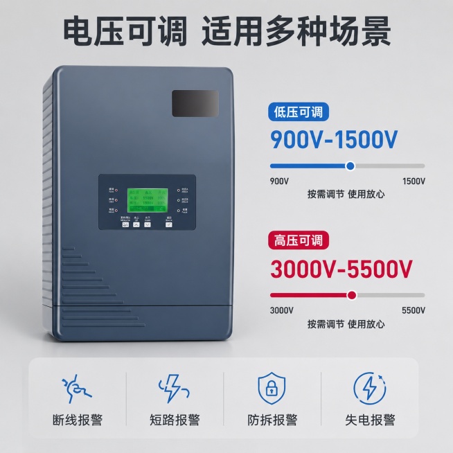 「图片1」，生成一套主图（5张），商品名称是xxx，卖点是xxx，适配淘宝/天猫平台，主图比例为1:1
名称：脉冲围栏主机
参数
通讯方式：RS485，网络
屏幕大小：3.0寸
选配件：带遥控器
报警预览效果
