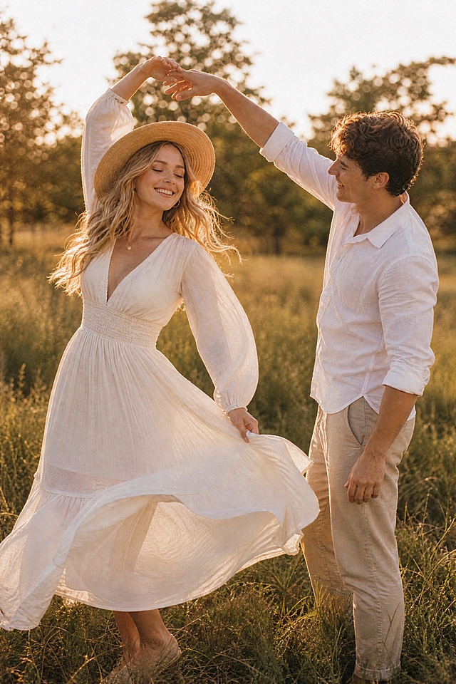 参考图片的人物、场景、服装和暖调金色夕阳光影风格，改变姿势，模特人物相貌保持不变。户外草地树林背景，柔和金色夕阳光线，欧美年轻情侣在草地上欢快跳舞，男子牵着女子的手让她旋转，女子白色裙摆飞扬，草帽在头上微微倾斜，两人都开心大笑，充满欢乐的动态舞姿，胶片质感写真摄影风格