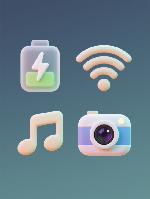 纯色背景上，软3D风格的系列图标集合，画面整体色彩变换，保持元素类目，规整排布。包含四个完全不同元素内容的图标：一个带有闪电符号的电池图标，一个由三条波浪线组成的WiFi信号图标，一个由五线谱和音符组成的音乐符号图标，以及一个带有镜头和闪光灯的相机图标。每个图标都具有圆润的边角、柔和的渐变色彩、微妙的光影效果和轻微的立体凸起感，整体呈现出统一的软3D设计语言，简洁现代，视觉上协调一致。预览效果