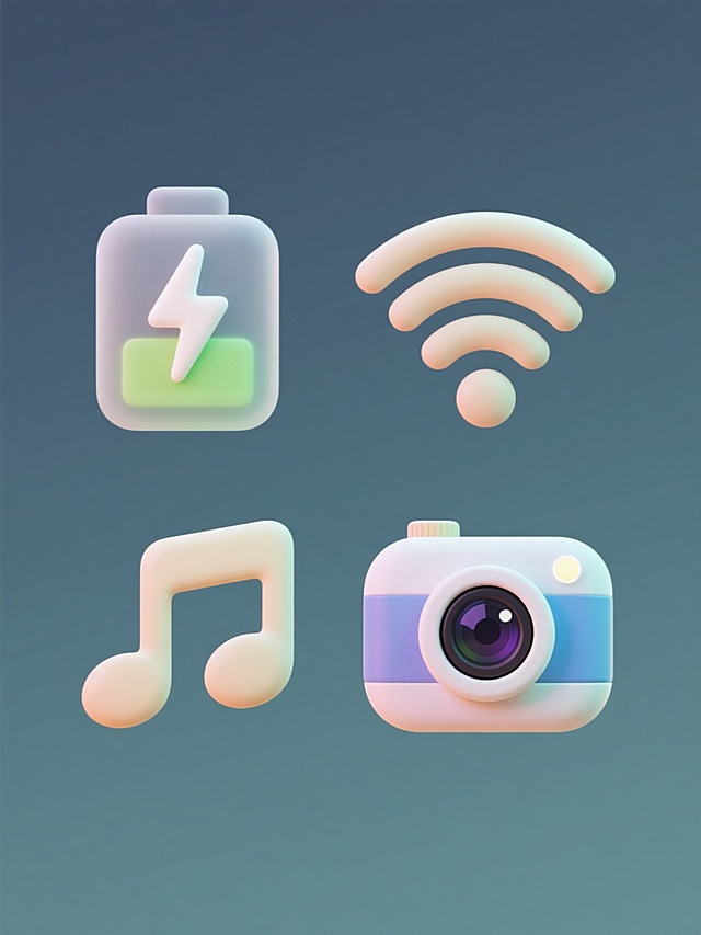 纯色背景上，软3D风格的系列图标集合，画面整体色彩变换，保持元素类目，规整排布。包含四个完全不同元素内容的图标：一个带有闪电符号的电池图标，一个由三条波浪线组成的WiFi信号图标，一个由五线谱和音符组成的音乐符号图标，以及一个带有镜头和闪光灯的相机图标。每个图标都具有圆润的边角、柔和的渐变色彩、微妙的光影效果和轻微的立体凸起感，整体呈现出统一的软3D设计语言，简洁现代，视觉上协调一致。