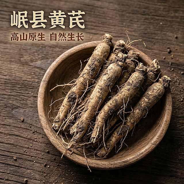 [第二组第1张：首图] 自然原生风格，深褐色原木背景，刚采挖带泥土的岷县黄芪整根堆放在木盘中，左上角粗体字写"岷县黄芪"，副标题写"高山原生 自然生长"，禁止出现药 保健 养生字样，整体自然质朴氛围感，完整文案加双引号