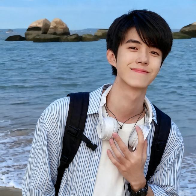 参考图片海边背景，男士短发斜刘海，手放在胸前动作，背着双肩包，挂着耳机，生成一张全新不同男生的正方形头像，差异化更大，衣服必须不同，保持蓝天大海礁石背景，高清晰预览效果