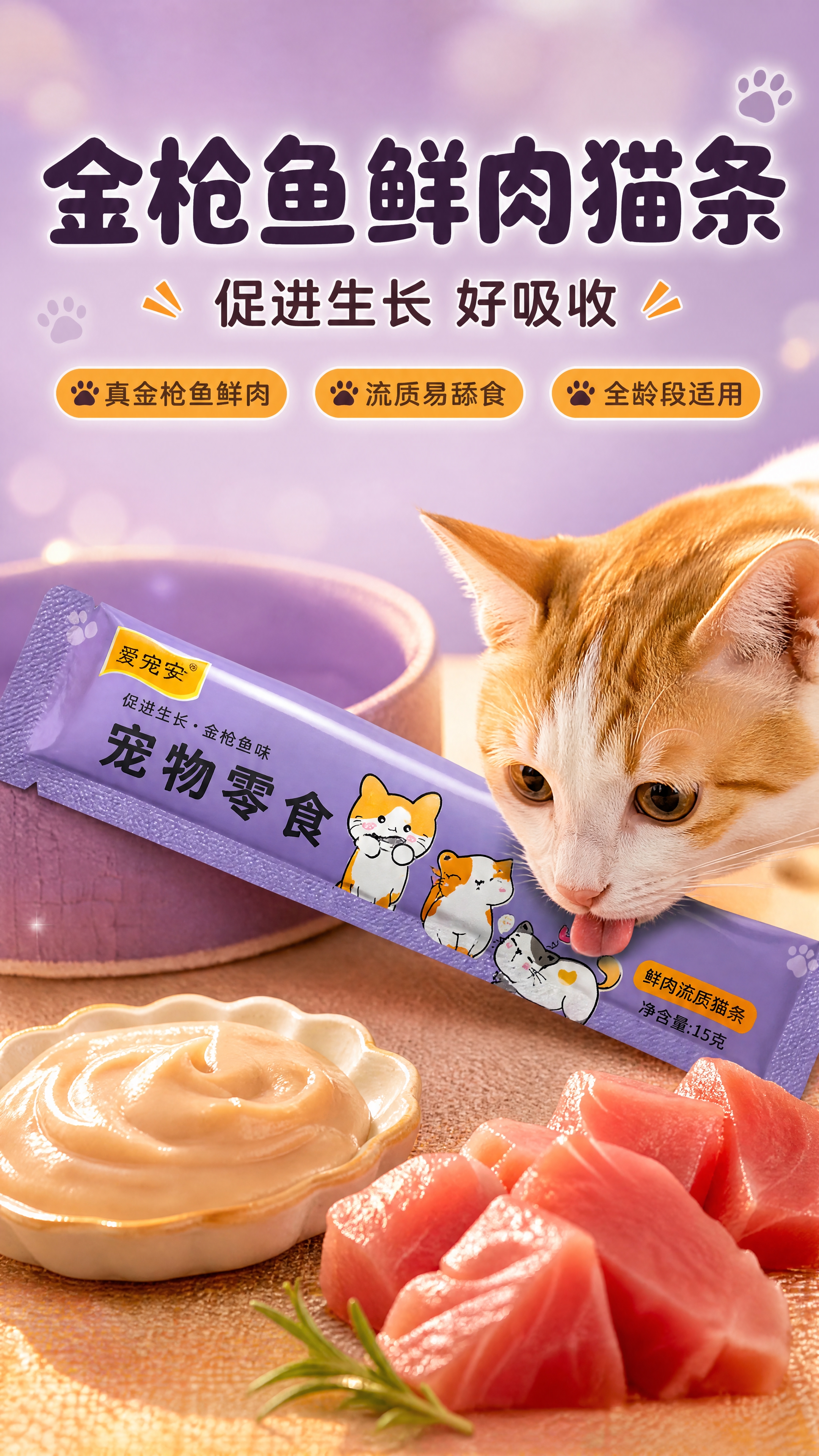 [商品] 使用【图1】爱宠安鲜肉流质猫条（金枪鱼味）紫色独立小… - 图片创意预览