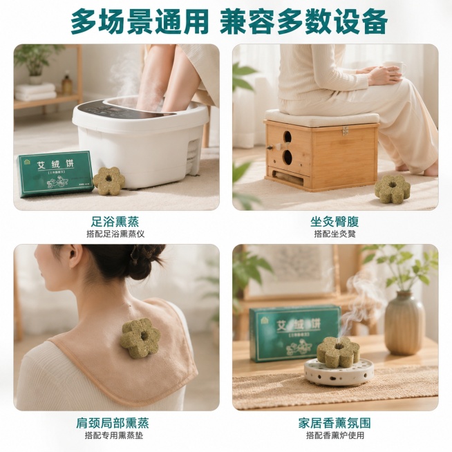 [主图-4] 蕲艾绒饼多场景适用展示宫格图。氛围风格：真实居家养生场景，亲和自然。画质：商业摄影质感、光线柔和通透、产品清晰真实、画面干净高级。元素：四宫格展示四种使用场景，每宫格一个场景：1. 足浴预览效果