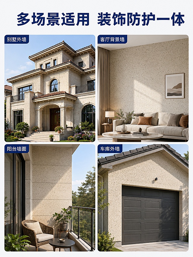 [第8屏] 适用空间展示，埃特尔多彩仿石漆可使用场景拼图。
[氛围/风格] 温馨生活化场景拼贴，真实自然，突出多场景适用性，家居质感。
[元素布局] 2行2列四宫格排版，四个格子分别展示：别墅外墙、客厅背景墙、阳台墙面、车库外墙四个不同空间的涂刷效果，每个格子场景大小一致，留间距分隔，顶部放主标题。
[光影质感] 每个场景都是自然光效果，真实房屋光照，四个场景光影风格统一，清晰展示不同空间的涂刷效果。
[配色色系] 全局底色 #F8F9FA，主色深蓝色标题，四个场景保留真实自然配色，整体和谐统一。
[视角构图] 四宫格均衡排版，每个场景主体突出，视觉均衡，符合移动端浏览。
[文字版式] 顶部主标题「多场景适用 装饰防护一体」，每个场景角落标注空间名称，文字小巧清晰不遮挡场景主体，展示不同应用范围。
[比例分辨率] 3:4 竖版比例，4K分辨率，文字清晰可辨，高清画质。
[负向提示词] 场景变形，建筑透视错误，文字遮挡主体，颜色失真，排版拥挤